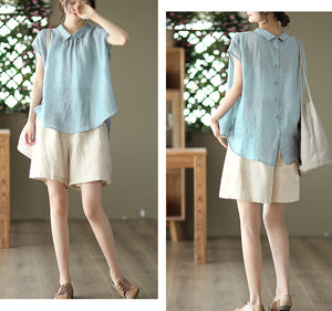 Quần sooc linen lưng thun hai túi chéo một màu - NU7039