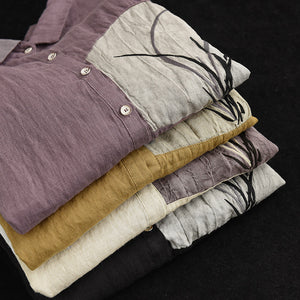 Áo sơ mi linen dài tay cổ đức thêu hoa lan  - NU6724