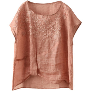 Áo T-shirt linen sát nách cổ tròn thêu hoa văn kiểu lệch tà - NU7297
