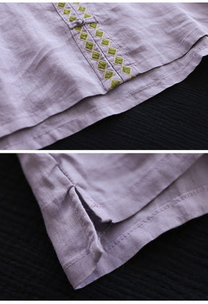 Áo sơ mi linen ngắn tay cổ V khuy tròn hoa văn thổ cẩm - NU6965