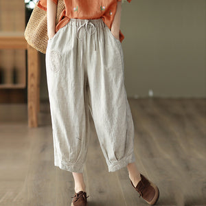 Quần baggy linen lưng thun dây rút thêu hoa hồng - NU7324