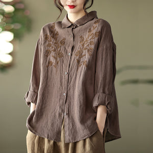 Áo sơ mi linen dài tay cổ đức thêu hoa đối xứng - NU6676