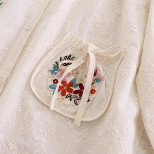 Áo sơ mi linen Morigirl dài tay thêu hoa lá túi tròn  - NU8319