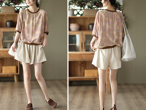 Áo T-shirt linen ngắn tay cổ tròn in hoa lá bo viền - A763