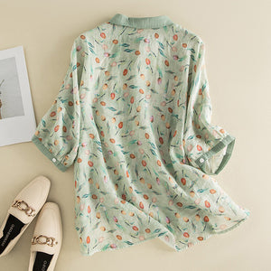 Áo sơ mi linen ngắn tay cổ pipi in hoa tulip sắc màu - NU8544
