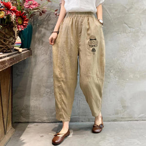 Quần baggy linen lưng thun thêu cô bé tóc xù - NU6830