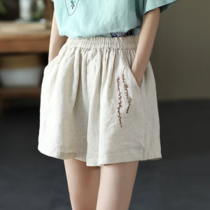 Quần sooc linen lưng thun thêu dây leo đính khuy - NU6959