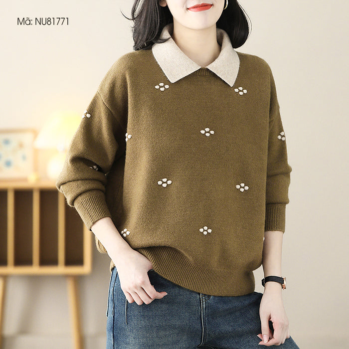 Áo len dệt kim cổ đức dài tay móc bông hoa kiểu - NU8177