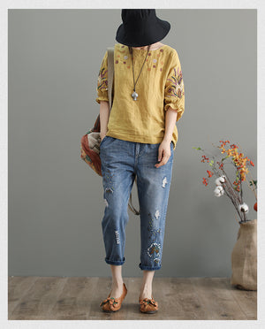 Quần baggy denim thêu hoa bồ công anh - NU3794 - kamaka.vn - thời trang nhật