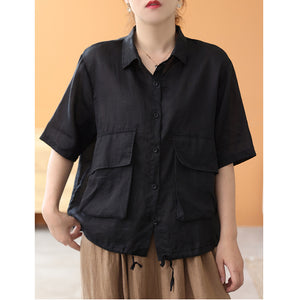 Áo sơ mi linen ngắn tay cổ đức hai túi vương có dây rút - NU7491