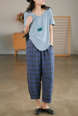 Quần baggy linen kẻ caro lưng thun hai túi chéo - NU7063