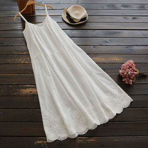 Đầm liền linen hai dây form xòe thêu hoa lá - NU6941