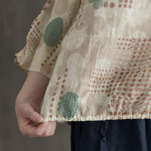 Áo T-shirt linen ngắn tay cổ tròn bo thun in hoa văn - NU7302