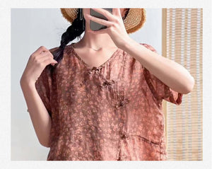 Bộ đồ gồm áo sơ mi ngắn tay khuy tàu và quần sooc in hoa liti - NU7210