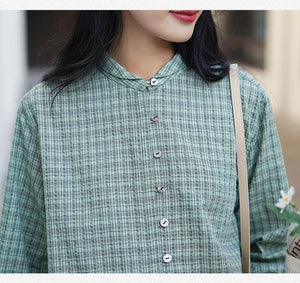 Áo sơ mi linen tay lửng cổ pipi kẻ sọc caro - NU6745