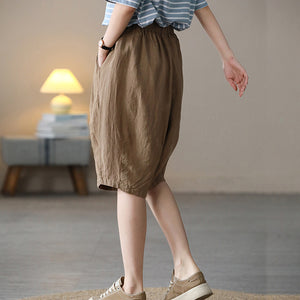 Quần baggy lửng linen lưng thun một màu hai túi chéo  - NU7076