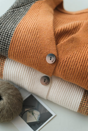 Áo khoác len cardigan dài tay cổ V ba khuy phối màu sắc - NU7783