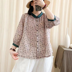 Áo sơ mi linen tay lửng cổ pipi đơn sắc in hoa liti - NU6996