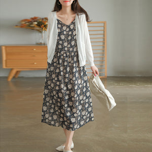 Đầm liền linen hai dây cổ V in hoa lá - NU7071