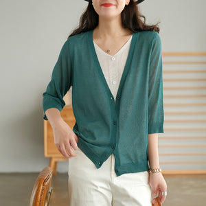 Áo khoác len cardigan dệt kim ngắn tay cổ V hai lớp - NU6589