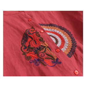Áo sơ mi linen dài tay cổ tàu thêu hoa văn retro trước ngực - NU6708