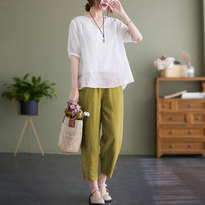 Áo T-shirt linen ngắn tay cổ V thêu hình học đối xứng - NU7330