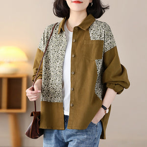Áo sơ mi dài tay cổ đức hai mảng màu in hoa lá - NU8354
