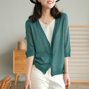 Áo khoác len cardigan dệt kim ngắn tay cổ V hai lớp - NU6589