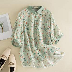 Áo sơ mi linen ngắn tay cổ pipi in hoa tulip sắc màu - NU8544