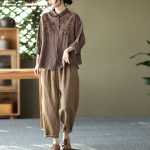 Áo sơ mi linen dài tay cổ đức thêu hoa đối xứng - NU6676