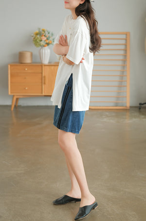Quần sooc denim lưng thun dây rút hai sọc - NU7510