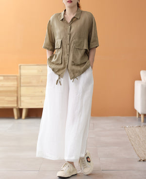 Áo sơ mi linen ngắn tay cổ đức hai túi vương có dây rút - NU7491