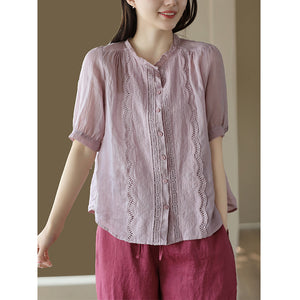Áo sơ mi linen ngắn tay thêu ren bông tuyết - NU8610