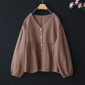 Áo sơ mi linen dài tay cổ V kiểu bo tay - NU8458
