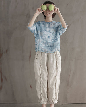 Áo T-shirt linen ngắn tay cổ tròn bo thun in hoa văn - NU7302