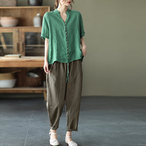 Áo sơ mi linen ngắn tay cổ đứng dây rút vạt áo - NU7016