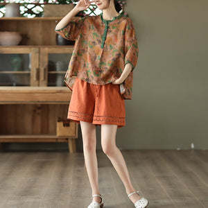 Quần sooc linen lưng thun dây rút thêu hoa cúc - NU8513