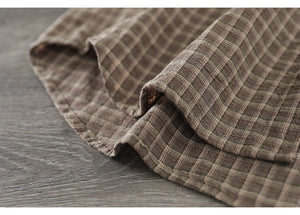 Áo sơ mi linen dài tay cổ đức kẻ sọc caro một túi vuông - NU7688