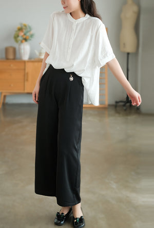 Áo sơ mi linen ngắn tay cổ tròn xếp ly tà lệch bo tròn - NU7388