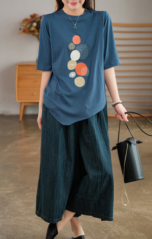 Áo T-shirt ngắn tay cổ tròn vạt chéo in những vòng tròn - NU7243