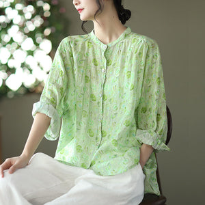 Áo sơ mi linen tay lửng cổ đứng in hoa văn - NU6920