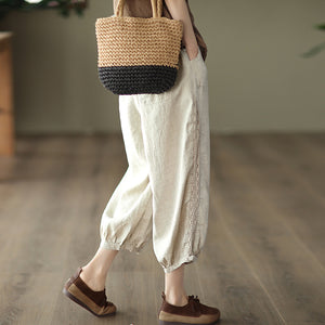Quần baggy linen lưng thun dây rút thêu ren hai bên - NU7479