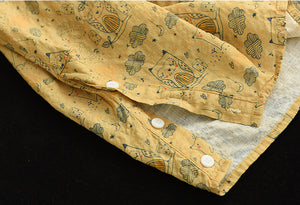 Áo sơ mi linen ngắn tay cổ đức in những chú cú ngộ nghĩnh - NU7066
