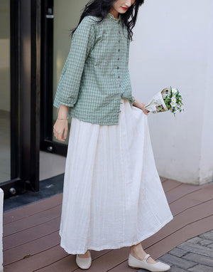 Áo sơ mi linen tay lửng cổ pipi kẻ sọc caro - NU6745