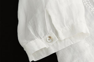 Áo sơ mi linen ngắn tay cổ V thêu ren và dây leo - NU7050