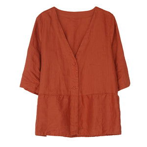 Áo sơ mi linen ngắn tay cổ V form rộng - NU5582