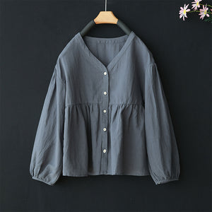 Áo sơ mi linen dài tay cổ V kiểu bo tay - NU8458