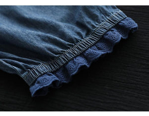 Quần baggy denim thêu hoa gấu thun đính ren - NU7626