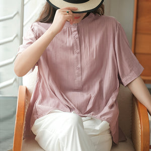 Áo sơ mi linen ngắn tay cổ tròn xếp ly tà lệch bo tròn - NU7388