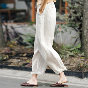 Quần baggy linen lưng thun dây rút một màu - NU8358